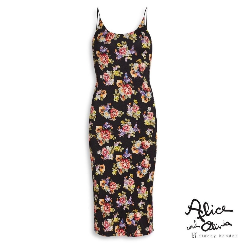 alice + olivia **NWT** Delora Black Magnolia Floral Print Fitted Midi D… - Picture 8 of 13
